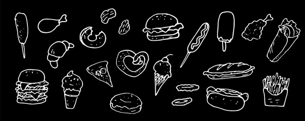 vector set of fast food. hand-drawn doodle-style hamburger, hot dog, chicken leg, ice cream, donuts, French fries and pizza. white outline on black vintage street food for isolated elements design tem