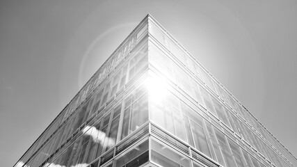 Fototapeta na wymiar Modern office building with glass facade on a clear sky background. Transparent glass wall of office building. Bright sunny day with sunbeams on the sky. Black and white.