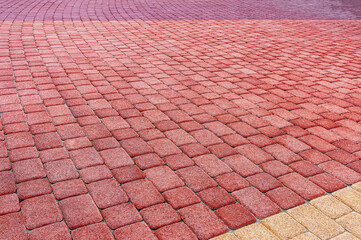 Floor is made of red and yellow bricks of rectangular and square shapes. Background is made of multi-colored bricks.