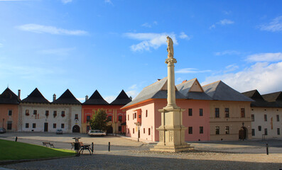 Square with column in Spisska Sobota (Old Town) in Poprad, Slovakia