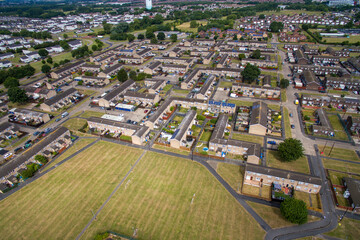 Fototapeta na wymiar Arial view of suburban housing and shops Bransholme. Kingston upon Hull. Yorkshire 