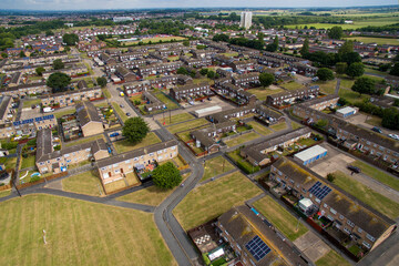 Arial view of suburban housing and shops Bransholme. Kingston upon Hull. Yorkshire 