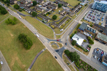 Fototapeta premium Arial view of suburban housing and shops Bransholme. Kingston upon Hull. Yorkshire 