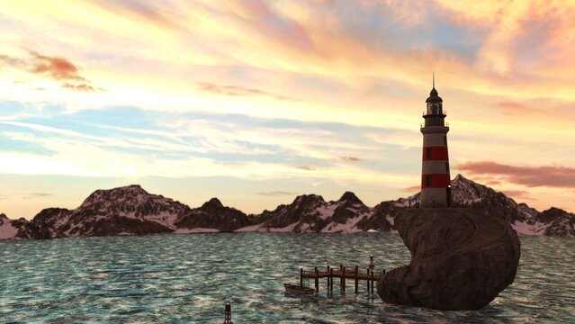 3d illustration of a mysterious lighhouse in the sea