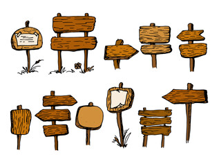 a set of wooden pointers, vintage style on white with brown color with black outline in cartoon style. hand-drawn doodles in the style of vintage road signs, isolated elements