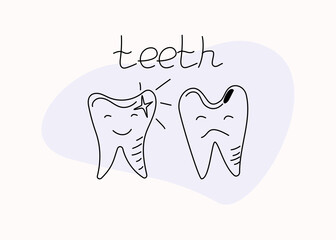 Set icons teeth sick and healthy. Happy and sad tooth. Dentistry and oral hygiene. Vector illustration in doodle style.  