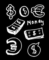 a set of euro and dollar banknotes, hand-drawn cash, dollars, coins and euros, banknote packaging, isolated white outline on black for a design template