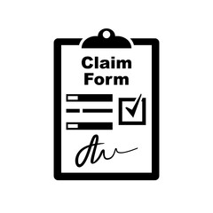 Signing insurance claim form. Black icon signature. Piece of paper with check mark. Legal confirmation. Vector illustration flat design. Isolated on white background. Official document.
