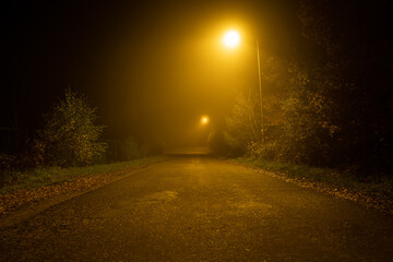 Asphalted street with glowing lanterns on a foggy autumn night