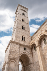 Close view of the cathedral's bell tower in Trani, Southern Italy