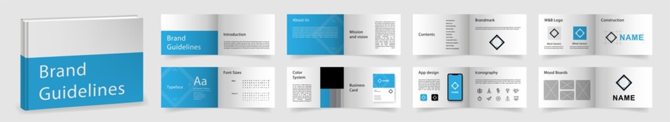 Multi-purpose Brand Guidelines template. Brand Manual presentation mockup. Minimal Light Blue Logo Guideline template. Logo Guide Book layout