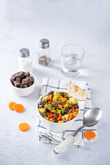 Beef potato carrot eggplant pepper stew in the bowl