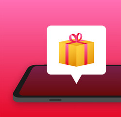 Enter to Win Prizes. Open Red Gift Box and Confetti on smartphone screen. Win Prize. Vector stock Illustration.