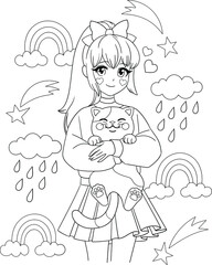 Anime girl holding cute kitten in her arms. Vector outline for coloring