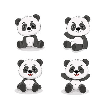 Cute cartoon panda. Cute panda bear, happy baby animal, lazy funny chinese bear. Set panda.