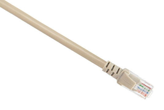 cable with RJ-45 connector, connector for wired internet connection, on a white background