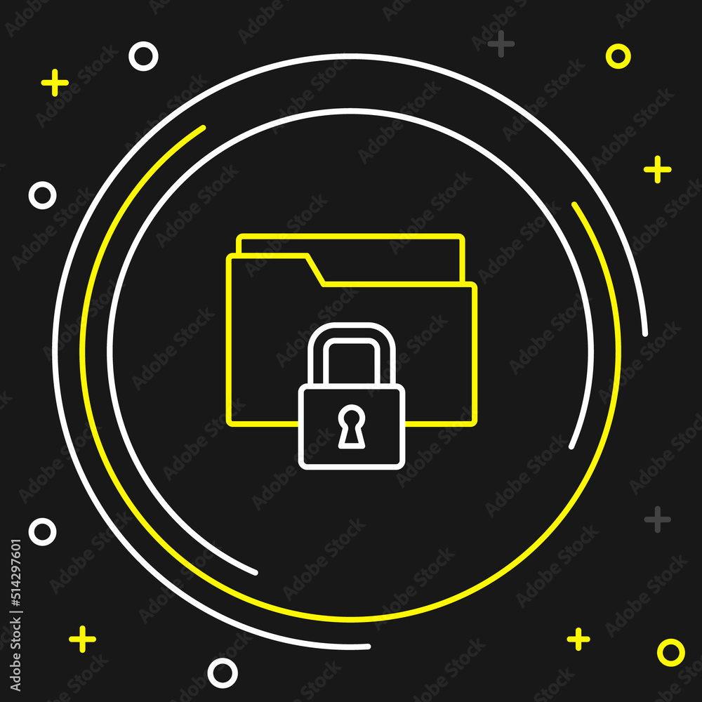 Poster line folder and lock icon isolated on black background. closed folder and padlock. security, safety,