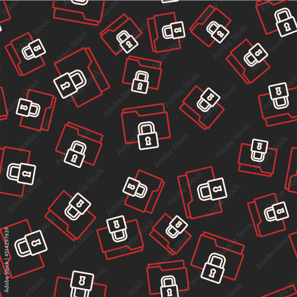 Poster line folder and lock icon isolated seamless pattern on black background. closed folder and padlock. 