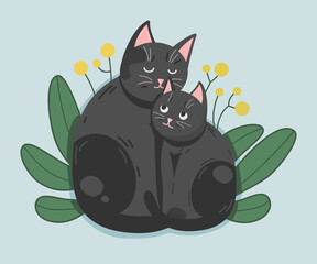 2 two black cats in green grass with yellow flowers