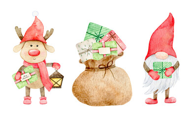 Adorable Christmas Gnome and deer, scandinavian elf with giftbox, watercolor illustration on an isolated white background