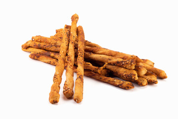 Handmade salted sticks with sesame and poppy seeds. Homemade baked sticks. Close up view.