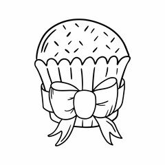 Delicious cupcake dessert with ribbon. Vector illustration graphic doodle style drawing.