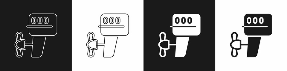 Set Outboard boat motor icon isolated on black and white background. Boat engine. Vector - obrazy, fototapety, plakaty