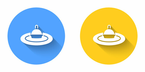 White Fishing float in water icon isolated with long shadow background. Fishing tackle. Circle button. Vector © Iryna