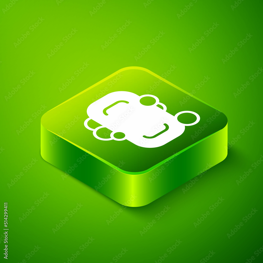 Poster isometric bar of soap icon isolated on green background. soap bar with bubbles. green square button.
