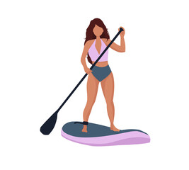 Girl in swimming suit rest on paddle boarder. Sup surfer, paddle boarding concept. - obrazy, fototapety, plakaty