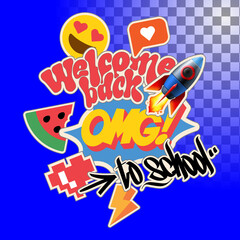 Back to school badge collection with school stickers, emoji, icons. 