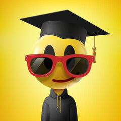 Back to school graduation emoji. Smiling face in graduation hat and sunglasses. Funny cartoon-styled educational emoticon character. New NFT collection