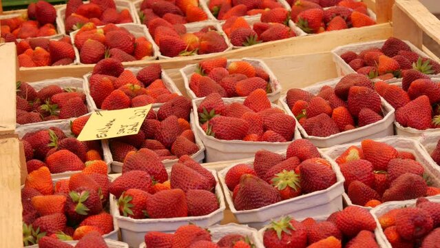 Many cardboard eco boxes with fresh, red ripe strawberries on the counter of a street market with price tags on top. The inscription in German the name of the strawberry.