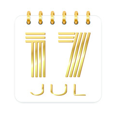 17 day of the month. July. Luxury calendar daily icon. Date day week Sunday, Monday, Tuesday, Wednesday, Thursday, Friday, Saturday. Gold text. White background. Vector illustration.