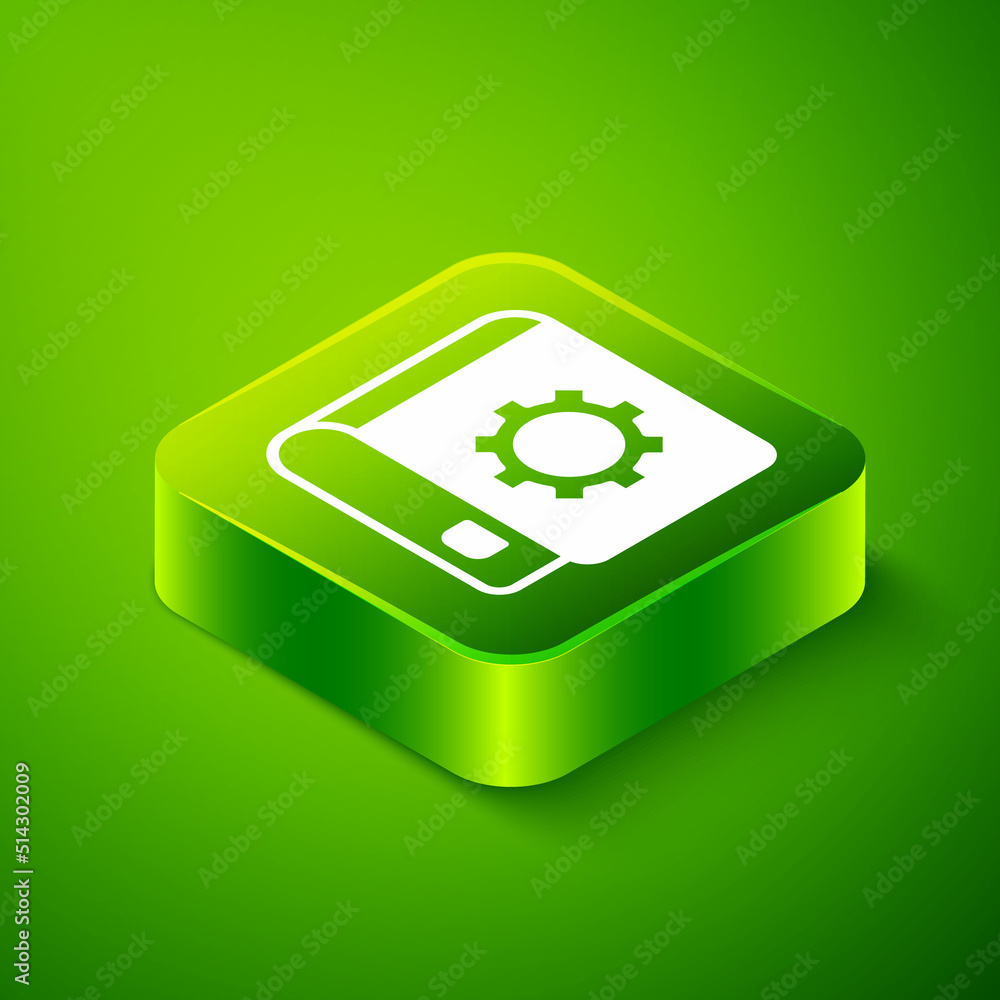 Poster isometric user manual icon isolated on green background. user guide book. instruction sign. read bef