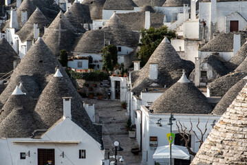Scenic cityscape of downtown Alberobello with its famous Trulli buildings, Italy
