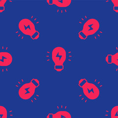 Red Creative lamp light idea icon isolated seamless pattern on blue background. Concept ideas inspiration, invention, effective thinking, knowledge and education. Vector