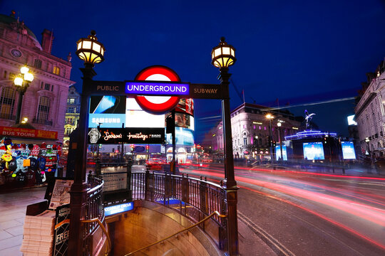 Underground Entrance at Piccadilly Circus at night.
