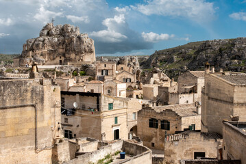 Fototapeta na wymiar View of historic cavern basilica San Pietro in Monte Errone in historic downtown Matera, Italy