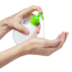 Hands using liquid soap, isolated on white background