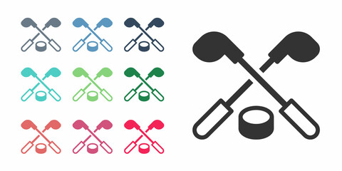 Black Ice hockey sticks and puck icon isolated on white background. Game start. Set icons colorful. Vector