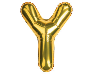 English Alphabet Letters. Letter Y. Balloon. Yellow Gold foil helium balloon. Good for party, birthday, greeting card, events, advertising. High resolution photo. Isolated white background.