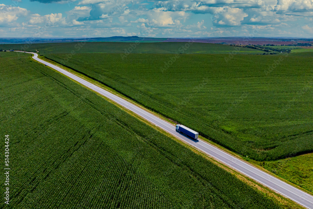 Wall mural blue truck driving on asphalt road along the green fields. beautiful clouds in the blue sky. Aerial view landscape. drone photography. cargo delivery.