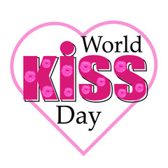 International  World kiss day holiday. Lettering with  pink lipstick kiss and  pink heart  on white  background. Template for typography poster, banner, sticker, surface textures. Vector illustration.