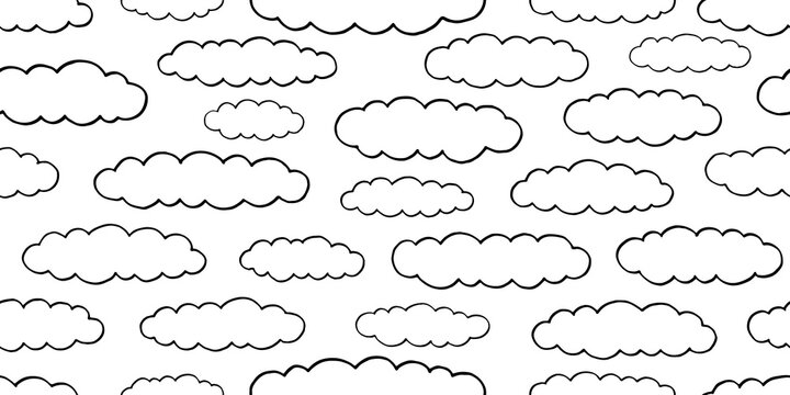 Doodle cloud pattern. Seamless sketch line clouds. Hand drawn outline pattern. Black and white cartoon vector background. Simple ink sky illustration. Kid art in 70s vintage style. Cloudy day seamless