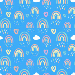 Cute rainbow and hearts seamless pattern. Romantic pattern for Valentines Day.Creative childrens illustration in a fashionable Scandinavian style. 