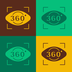 Pop art 360 degree view icon isolated on color background. Virtual reality. Angle 360 degree camera. Panorama photo. Vector