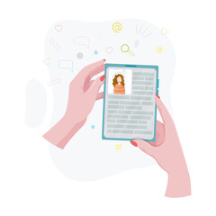 Hands holding a phone or tablet. Math lesson, video course, online learning, distance learning, webinar, internet class. A woman holds a phone or tablet in her hand. Vector illustration.