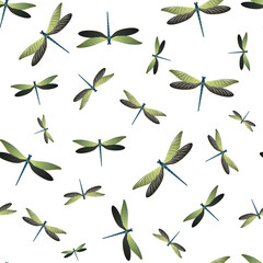 Materiał do szycia Dragonfly bright seamless pattern. Spring dress textile print with flying adder insects. Isolated