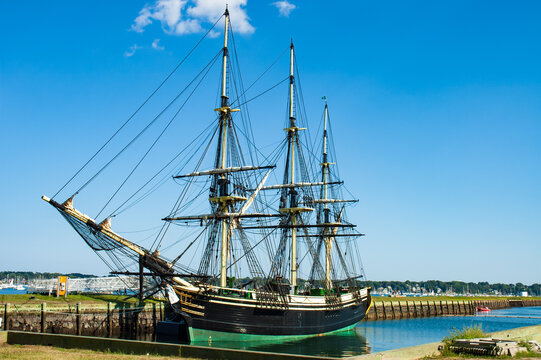 Historic ship named Three-masted Friendship anchored  in Salem harbor, Mass